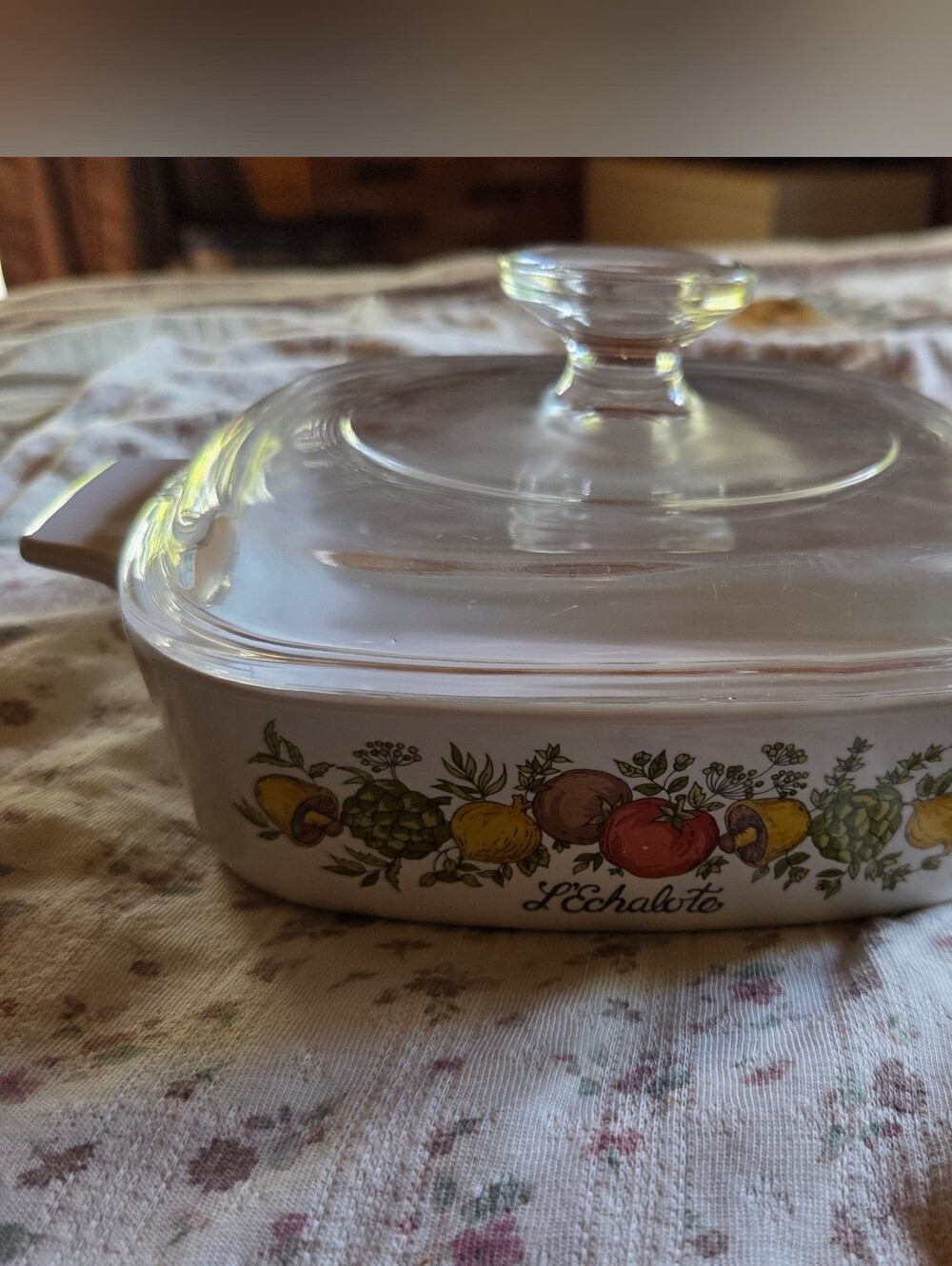 Pyrex White Ceramic Casserole with Fruit Motif and Clear Glass Lid